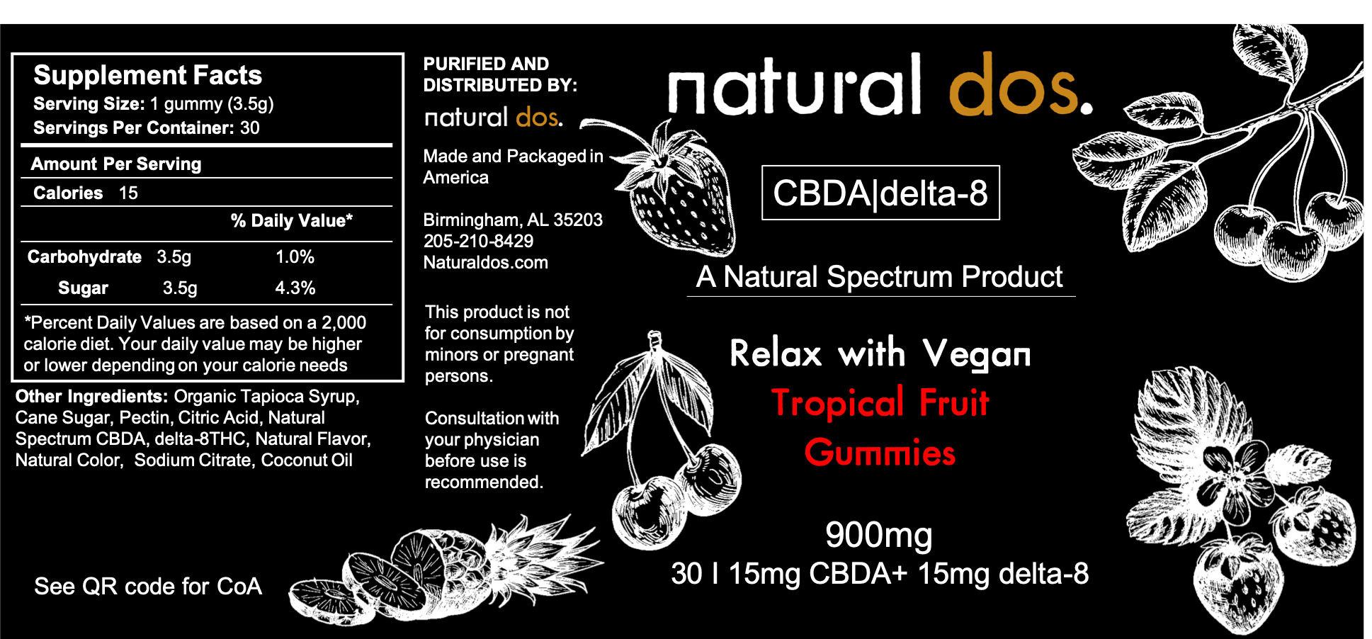 Vegan tropical gummy delta8 cbda 900mg nutritional