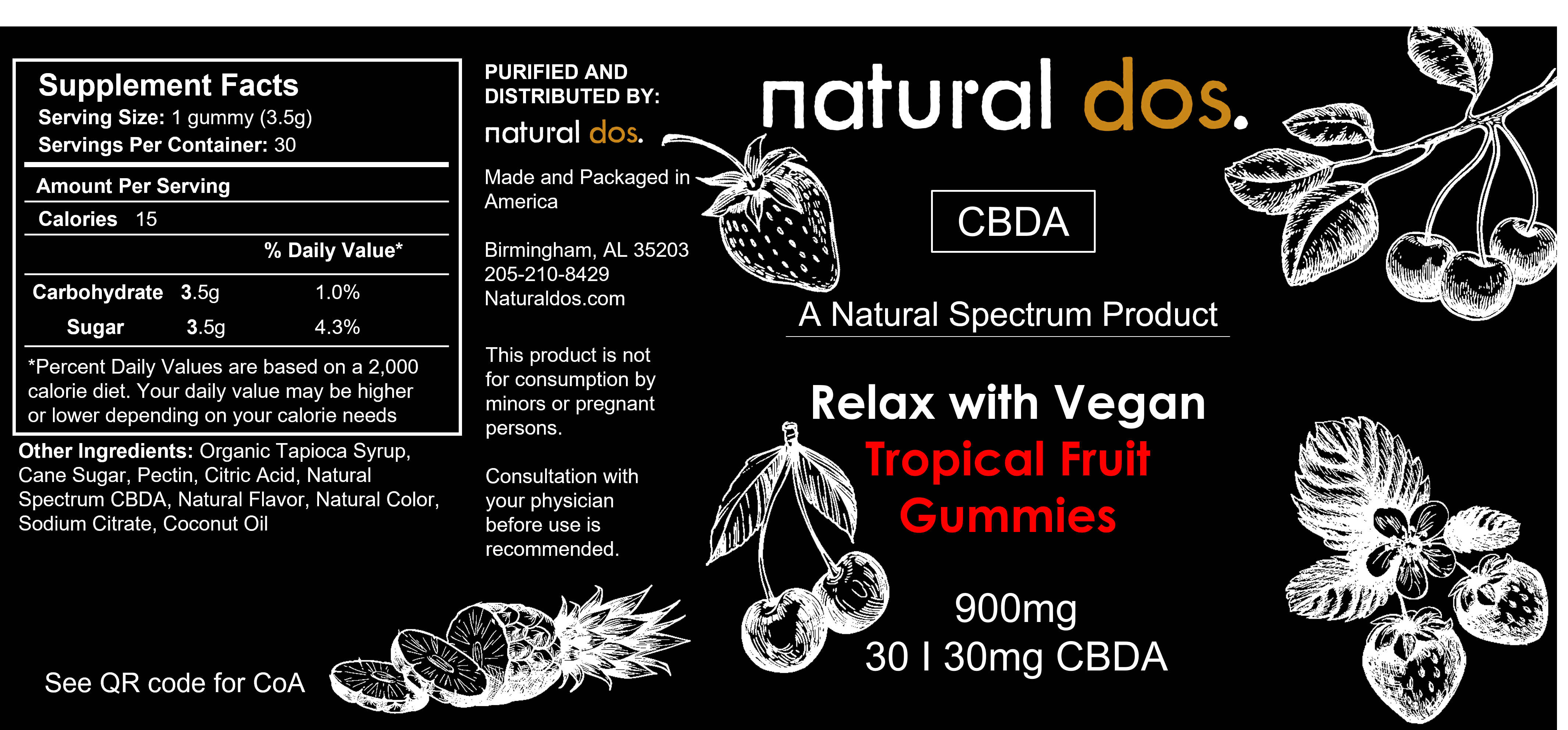 Vegan tropical gummy CBDA 900mg nutritional